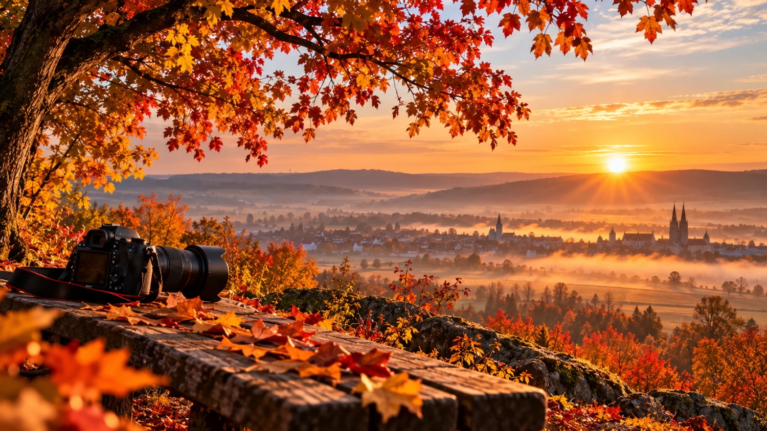 Herbstlicher Aussichtspunkt mit Kamera